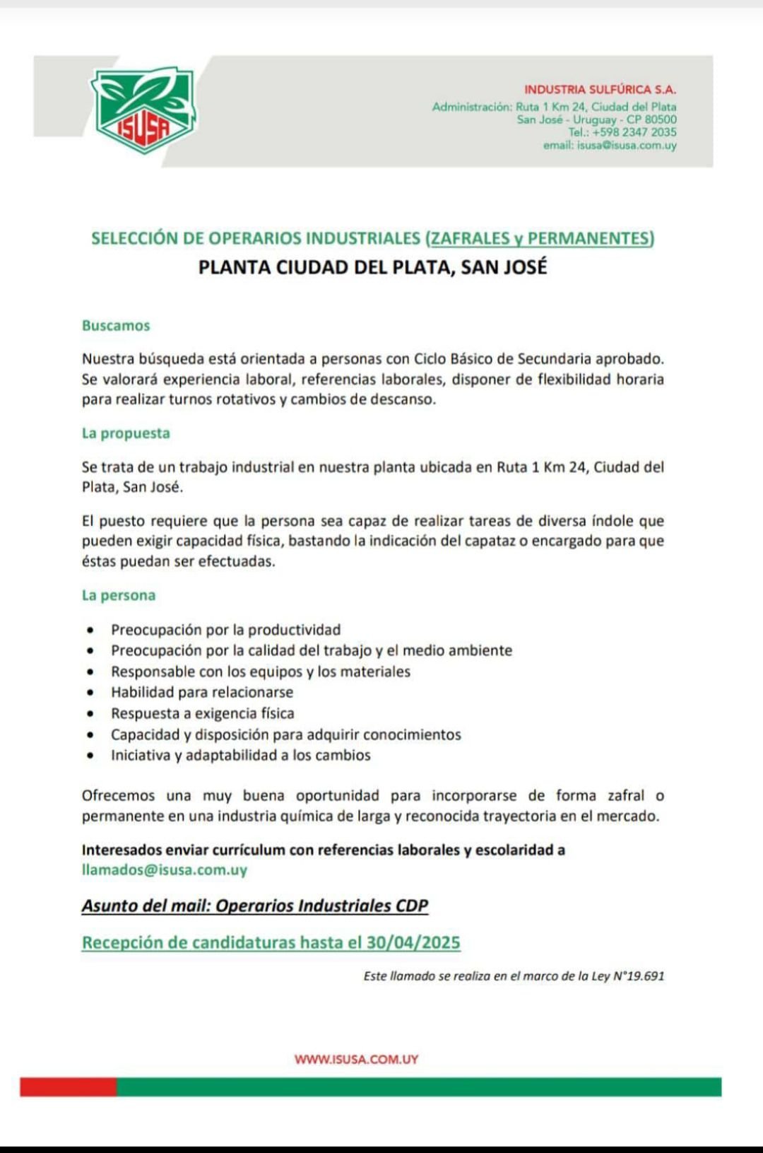 Operarios para isusa