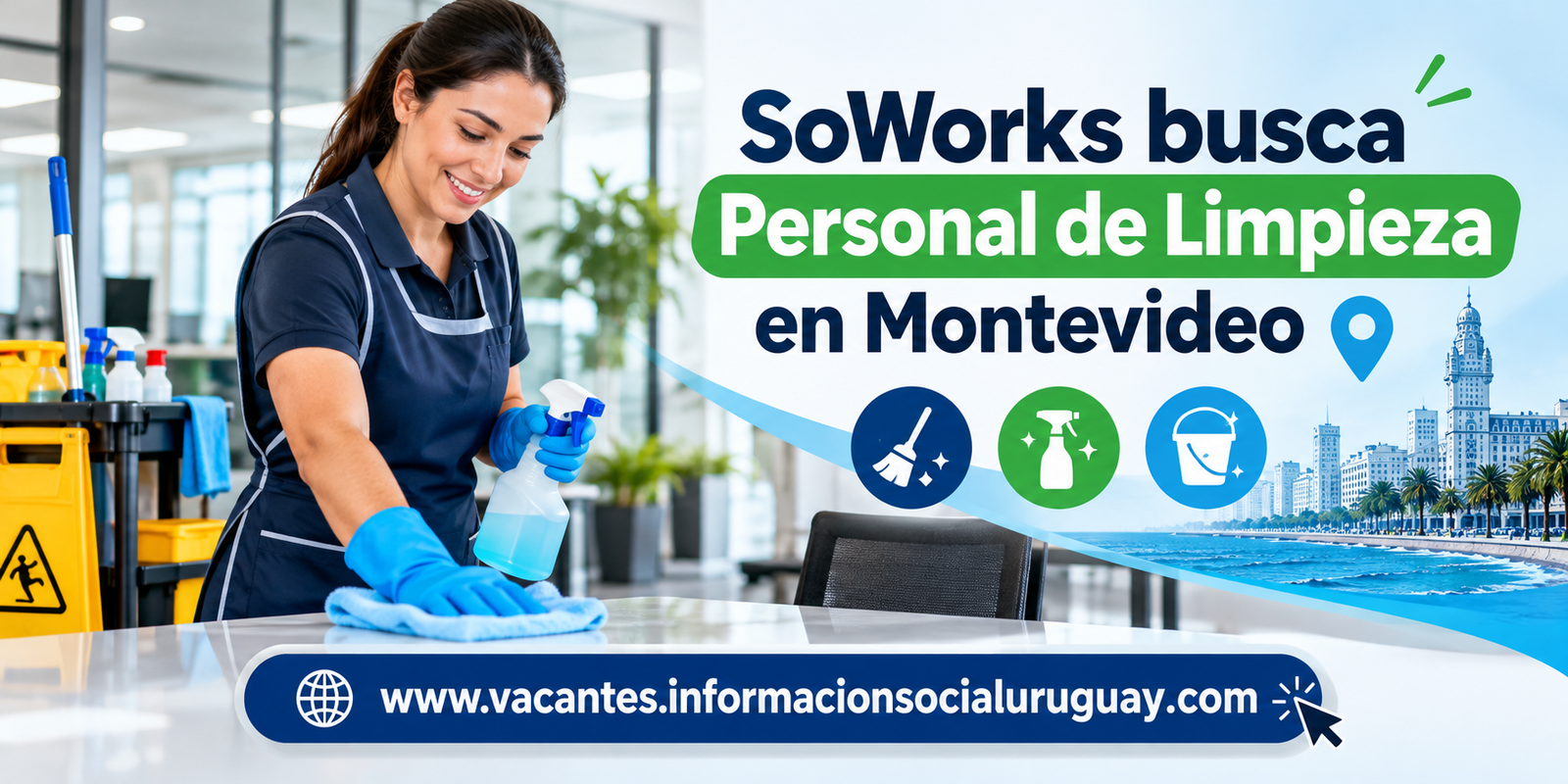 SoWorks busca cubrir 20 vacantes de personal de limpieza en Montevideo con primaria completa.